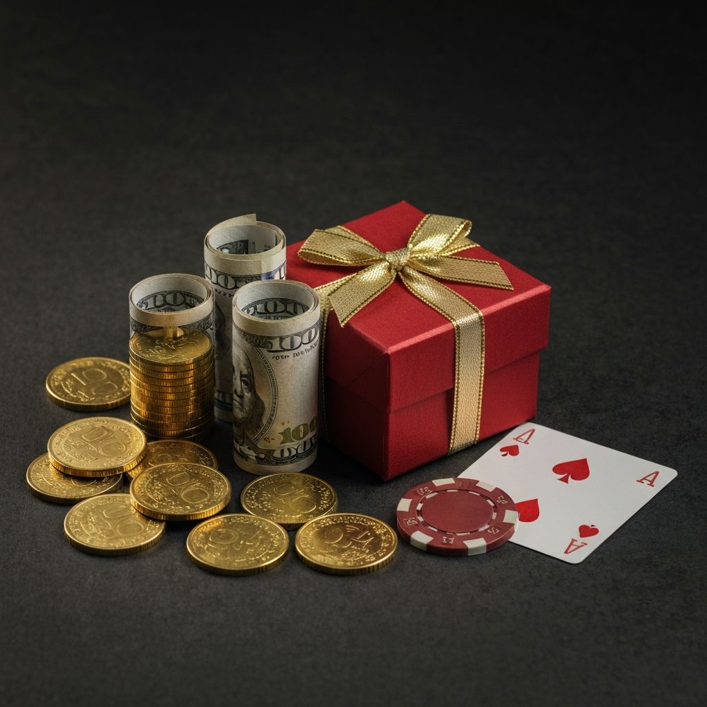 Monedas doradas y billetes enrollados sobre superficie oscura junto a caja de regalo roja con lazo dorado, ficha de casino y naipe, iluminación lateral dramática, concepto de bonos de casino