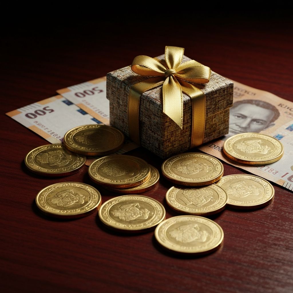 Monedas doradas brillantes y billetes de peso mexicano esparcidos sobre superficie de caoba oscura con caja de regalo con lazo dorado, concepto de bonos y premios de casino en línea