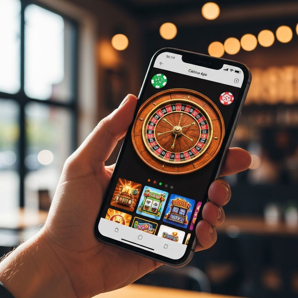 Mano sosteniendo smartphone moderno con aplicación de casino móvil mostrando ruleta y juegos de cartas, fondo de cafetería con luces bokeh cálidas, fotografía editorial de estilo de vida