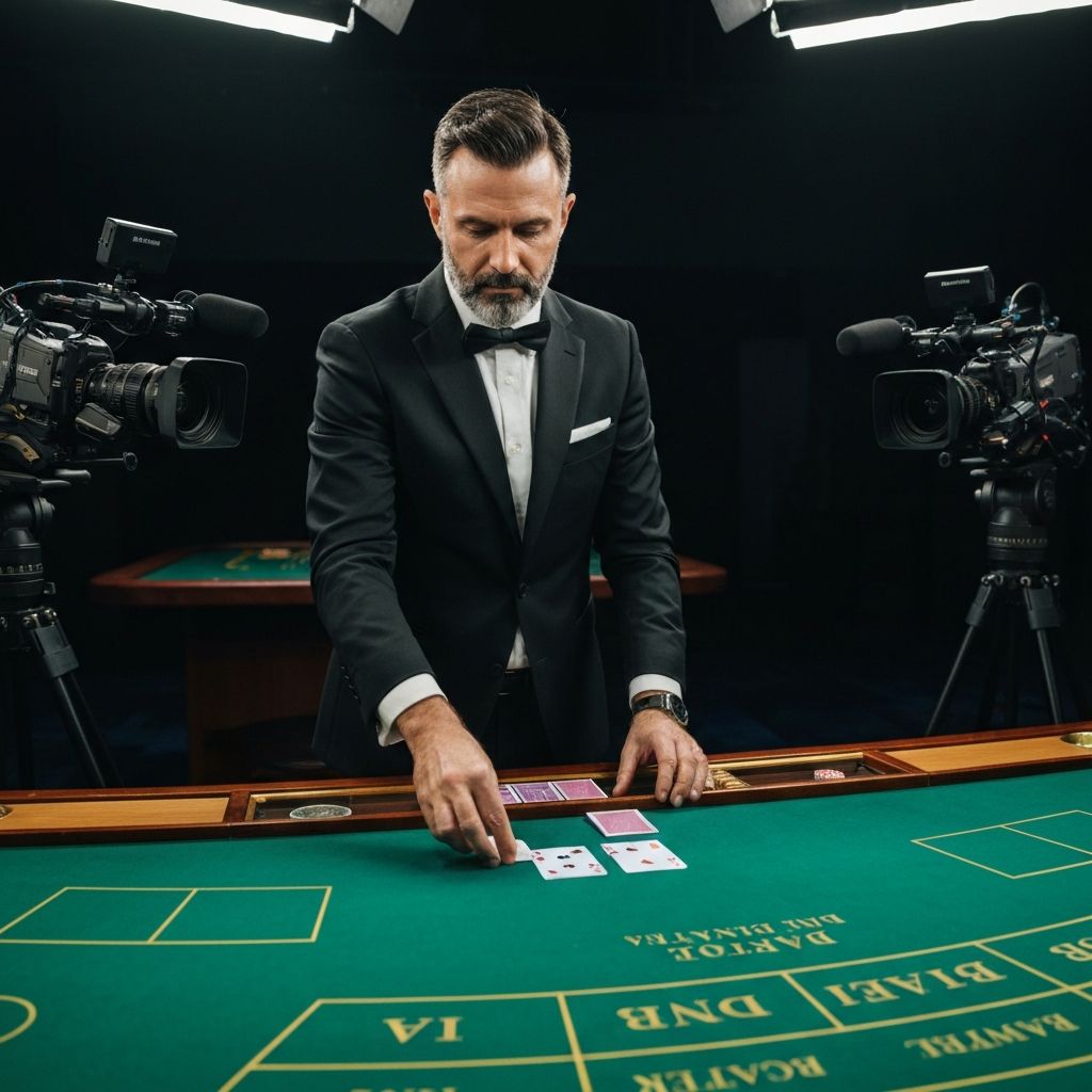 Crupier profesional de casino en vivo con traje negro elegante repartiendo cartas en mesa de bacará en estudio de transmisión equipado con cámaras y luces profesionales, paño verde con ribete dorado