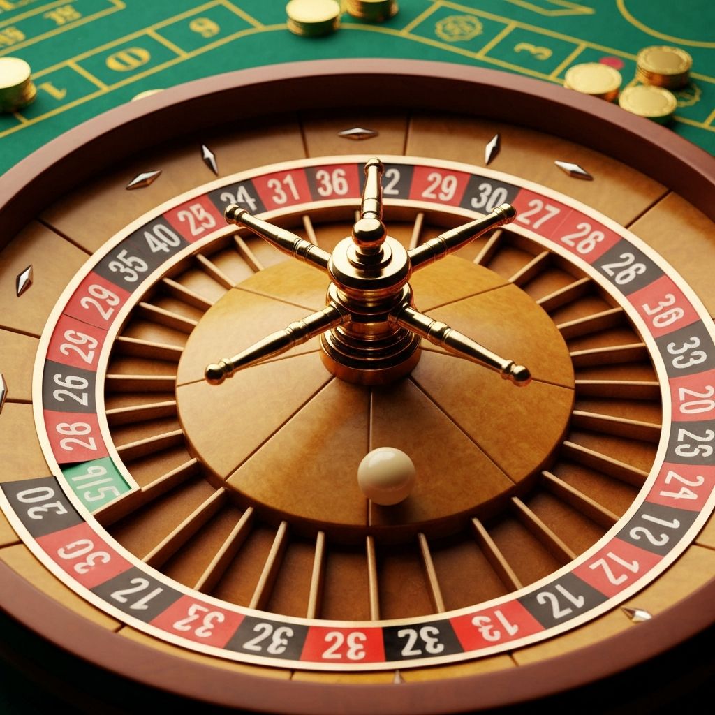Vista superior de ruleta de casino de lujo con bolita de marfil en número 7, fichas doradas alrededor y paño verde oscuro, iluminación dorada cálida de casino premium