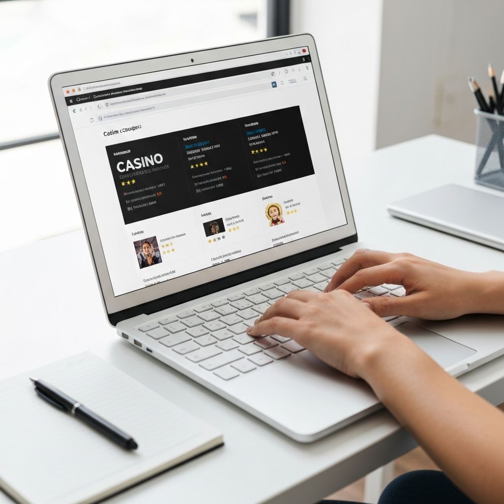 Manos escribiendo en laptop blanca con navegador abierto mostrando pestañas de comparación de casinos, escritorio limpio con bloc de notas, concepto de investigación y toma de decisiones