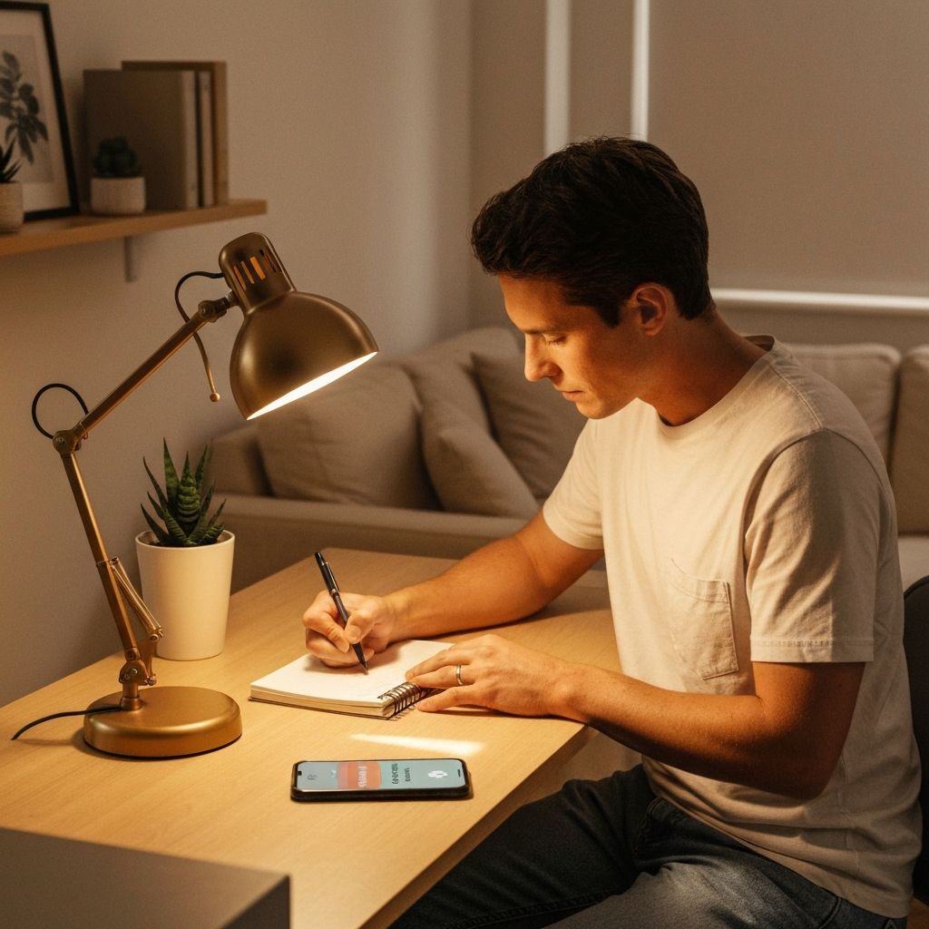 Persona tranquila sentada en escritorio ordenado de home office escribiendo en un diario con lámpara de escritorio cálida encendida, smartphone con notificación de límite de gasto visible, ambiente responsable y reflexivo