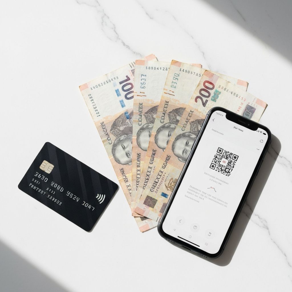 Flat lay de tarjeta de débito oscura, smartphone con app de billetera digital y billetes de peso mexicano sobre mármol blanco, fotografía de producto editorial con luz natural suave