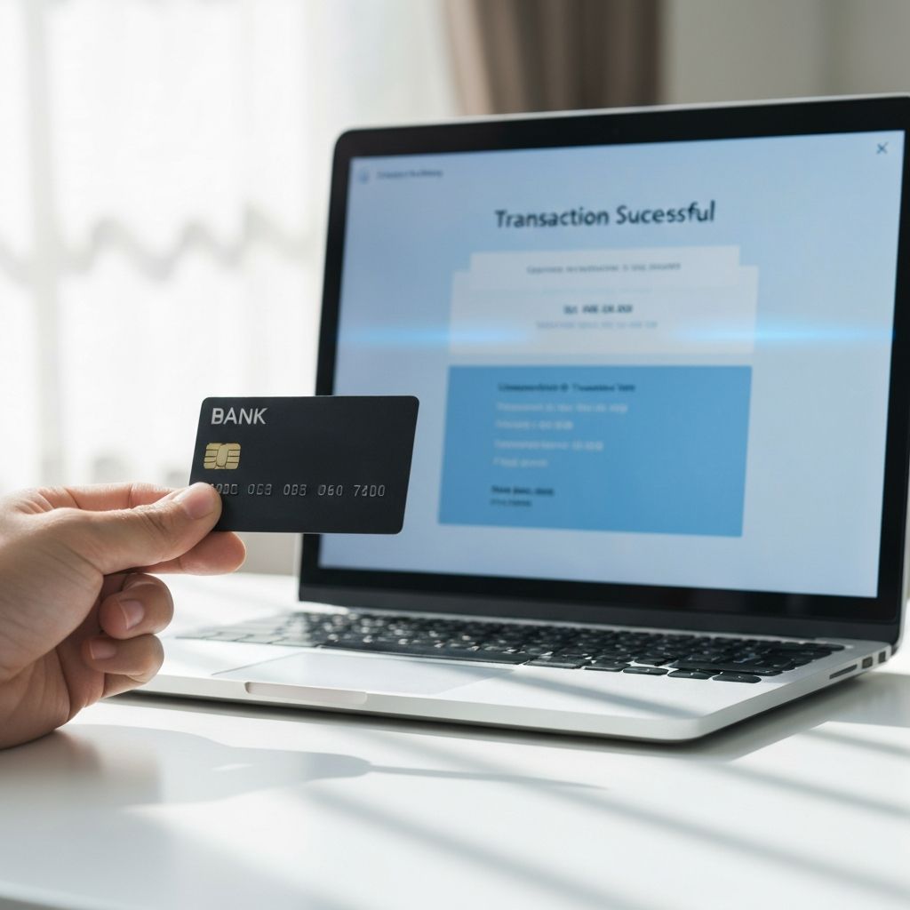 Mano sosteniendo tarjeta de débito bancaria frente a pantalla de laptop con confirmación de transferencia online exitosa, escritorio blanco limpio con luz natural, fotografía editorial financiera