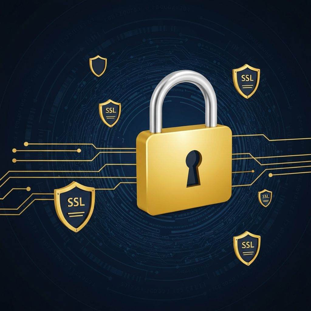 Candado dorado luminoso flotando sobre fondo de placa de circuito digital azul marino oscuro con patrones de encriptación y código binario, concepto de protección de datos y seguridad en casinos online