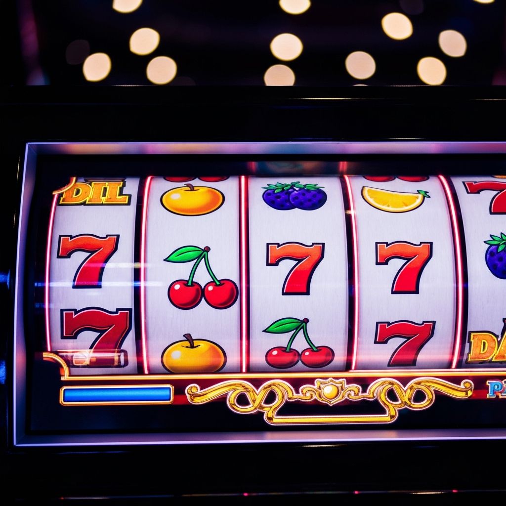 Pantalla de tragamonedas digital moderna con tres carretes girando y símbolos de cerezas y sietes afortunados iluminados, fondo de casino oscuro con luces de neón borrosas, fotografía editorial de juegos
