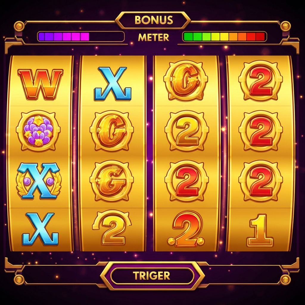 Máquina tragamonedas digital online con carretes dorados girando y símbolos wild coloridos, interfaz de bono de casino con efecto de partículas brillantes sobre fondo morado oscuro