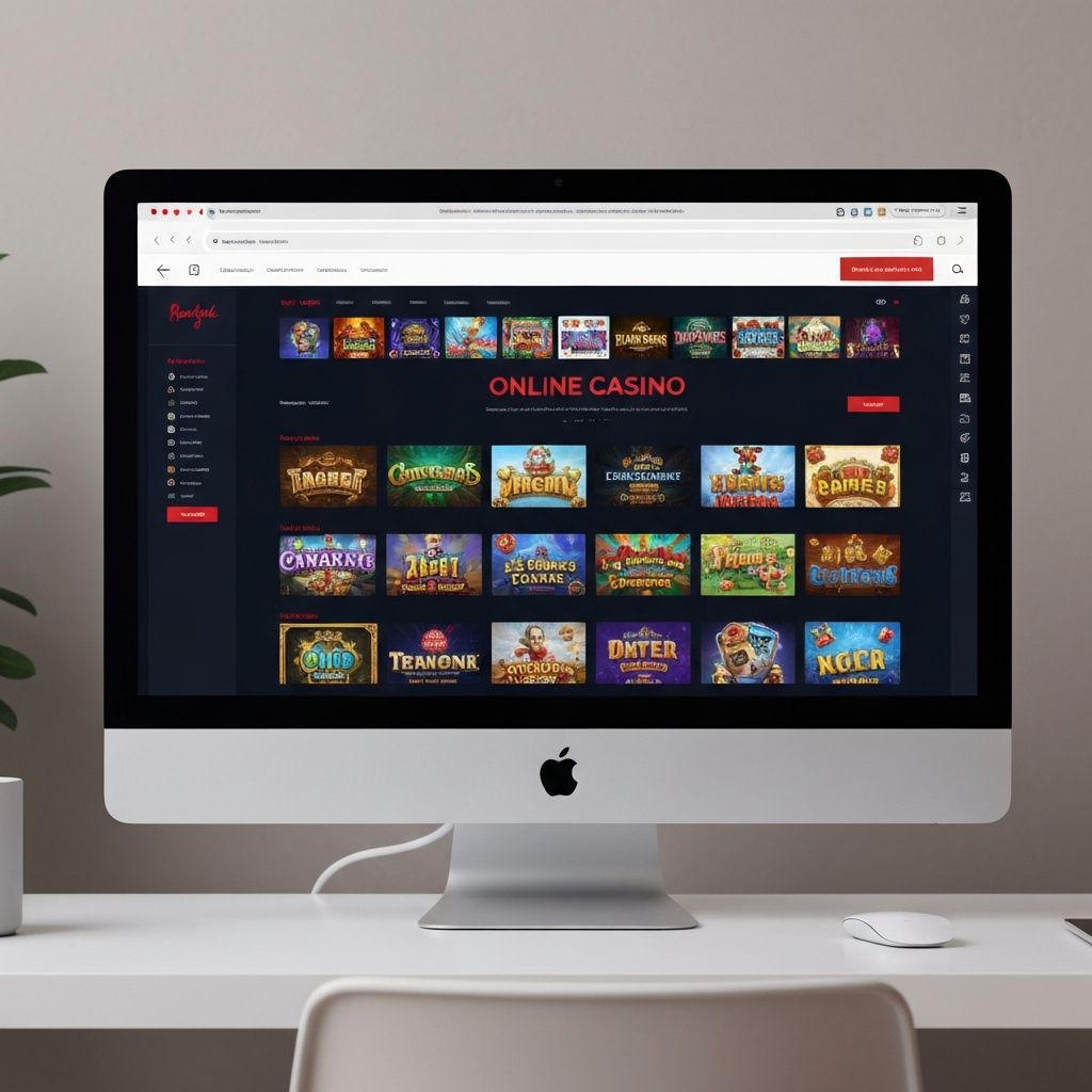 Interfaz de 888 Casino en un monitor iMac sobre escritorio blanco mostrando la sección de slots y juegos de mesa con tema oscuro y rojo, fotografía editorial de producto