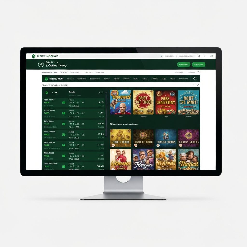 Pantalla de monitor moderno mostrando la interfaz de Bet365 con sección de apuestas deportivas y casino en vivo, diseño verde con menú lateral y tablas de cuotas en tiempo real