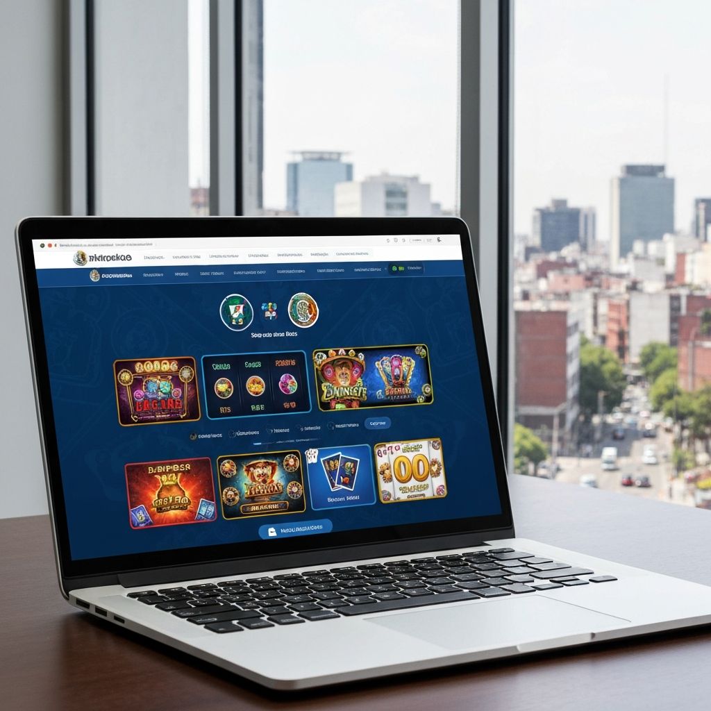 Interfaz del sitio web de Codere México en una laptop con diseño azul y blanco mostrando la sección de casino y apuestas deportivas de fútbol mexicano, con Ciudad de México visible al fondo a través de una ventana de oficina