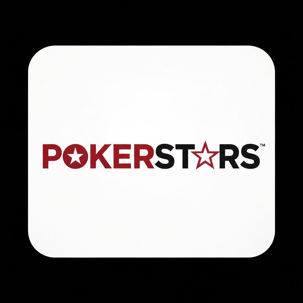 Logotipo de PokerStars con texto rojo oscuro y estrella sobre fondo blanco, sala de póker y casino en línea global
