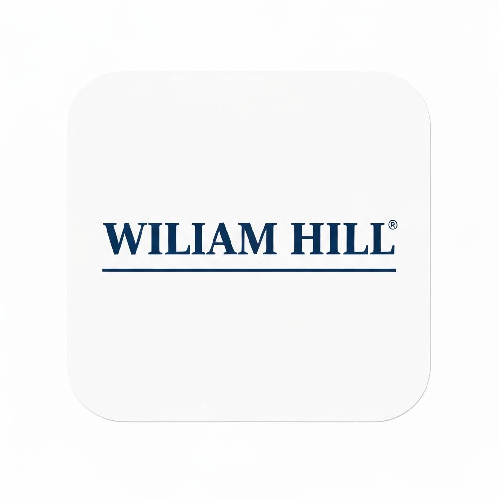 Logotipo de William Hill con texto azul marino en tipografía serif clásica sobre fondo blanco, operador histórico de apuestas