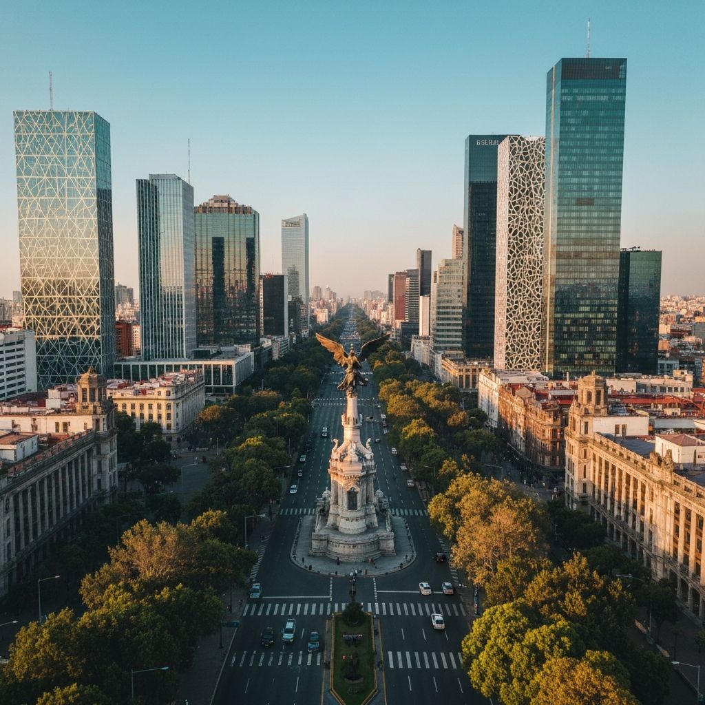 Vista aérea del Paseo de la Reforma en Ciudad de México al atardecer con el monumento al Ángel de la Independencia y rascacielos modernos flanqueando la avenida arbolada
