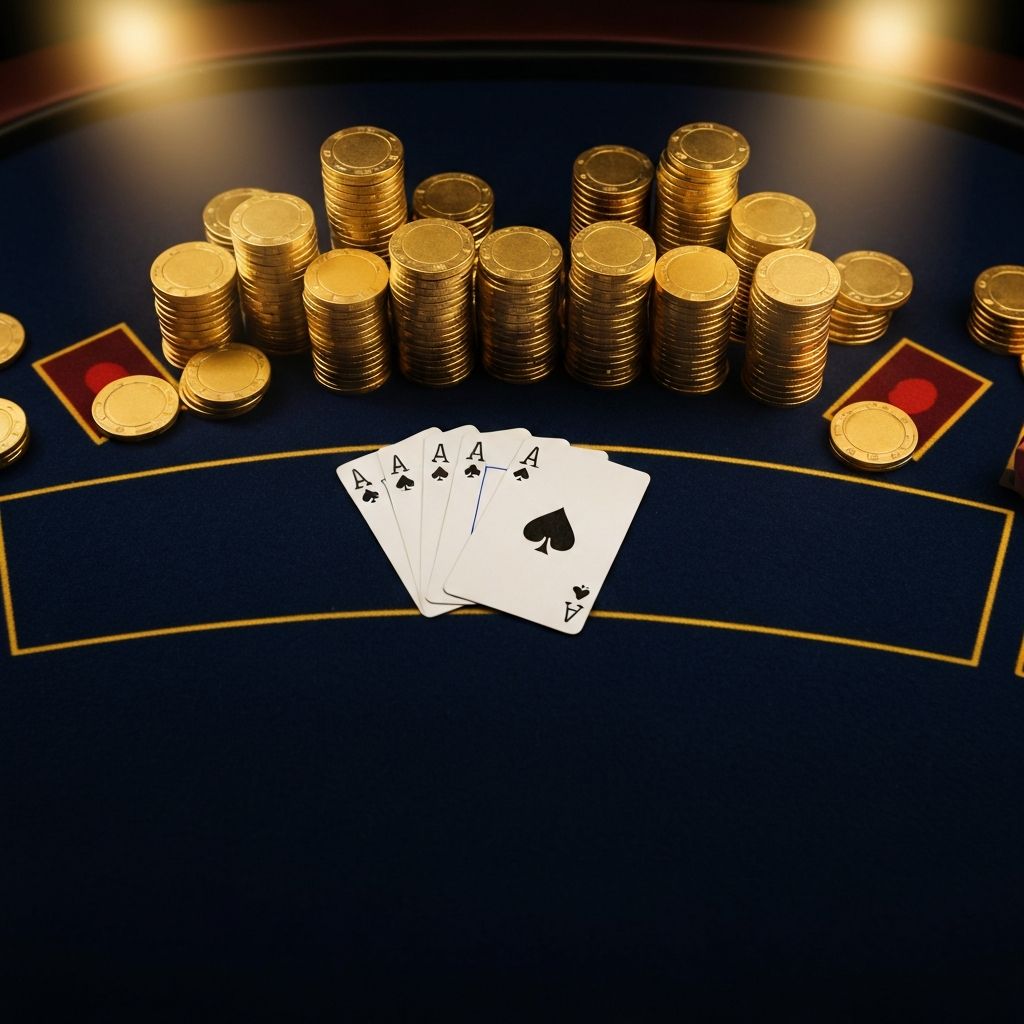 Vista superior de mesa de casino de lujo con fichas doradas y cartas sobre paño azul marino oscuro bajo iluminación dorada dramática