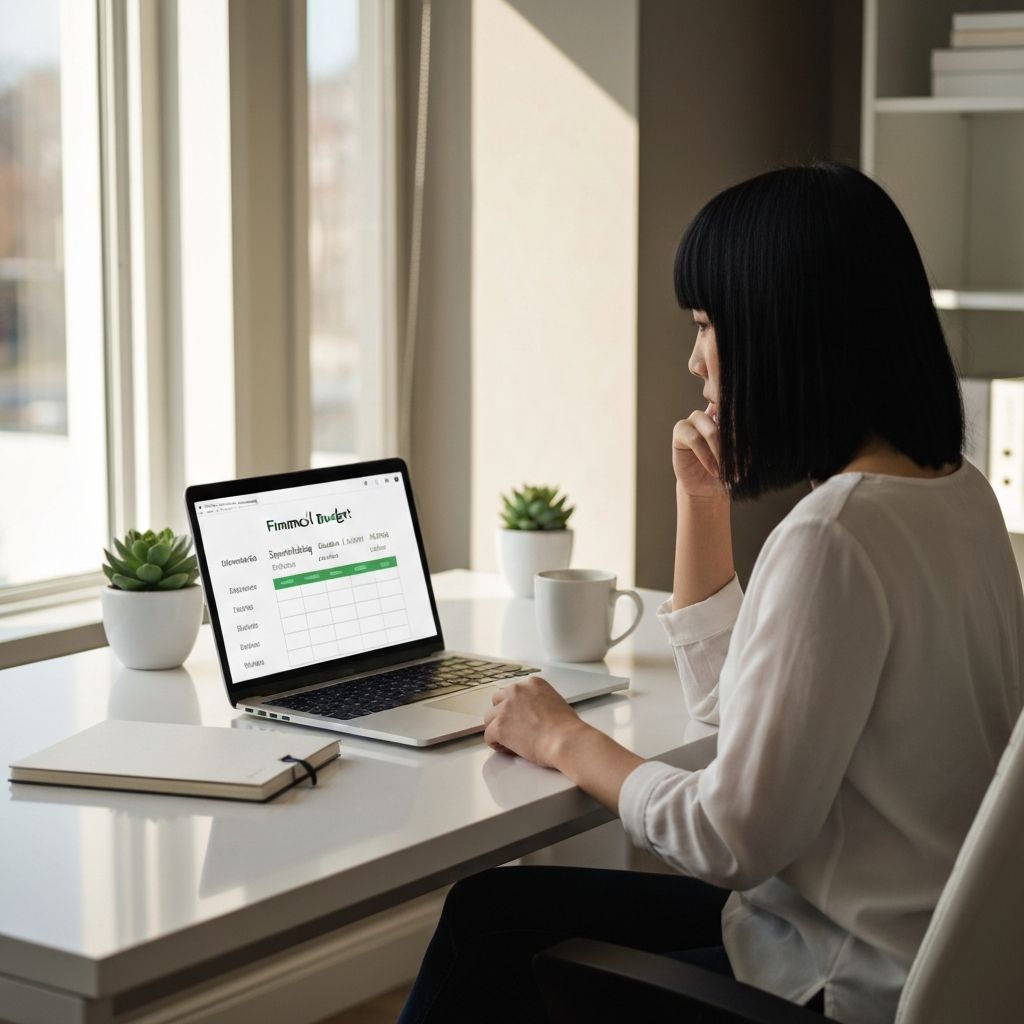 Persona sentada en escritorio moderno de home office mirando laptop con rastreador de presupuesto y límites de gasto configurados, luz natural diurna, concepto de juego responsable