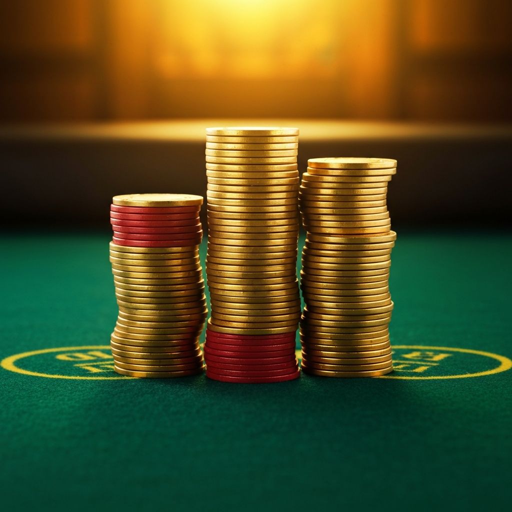 Pilas de fichas doradas y rojas de casino apiladas sobre mesa de ruleta con paño verde, iluminación de estudio con reflejos dorados, fotografía editorial de bodegón