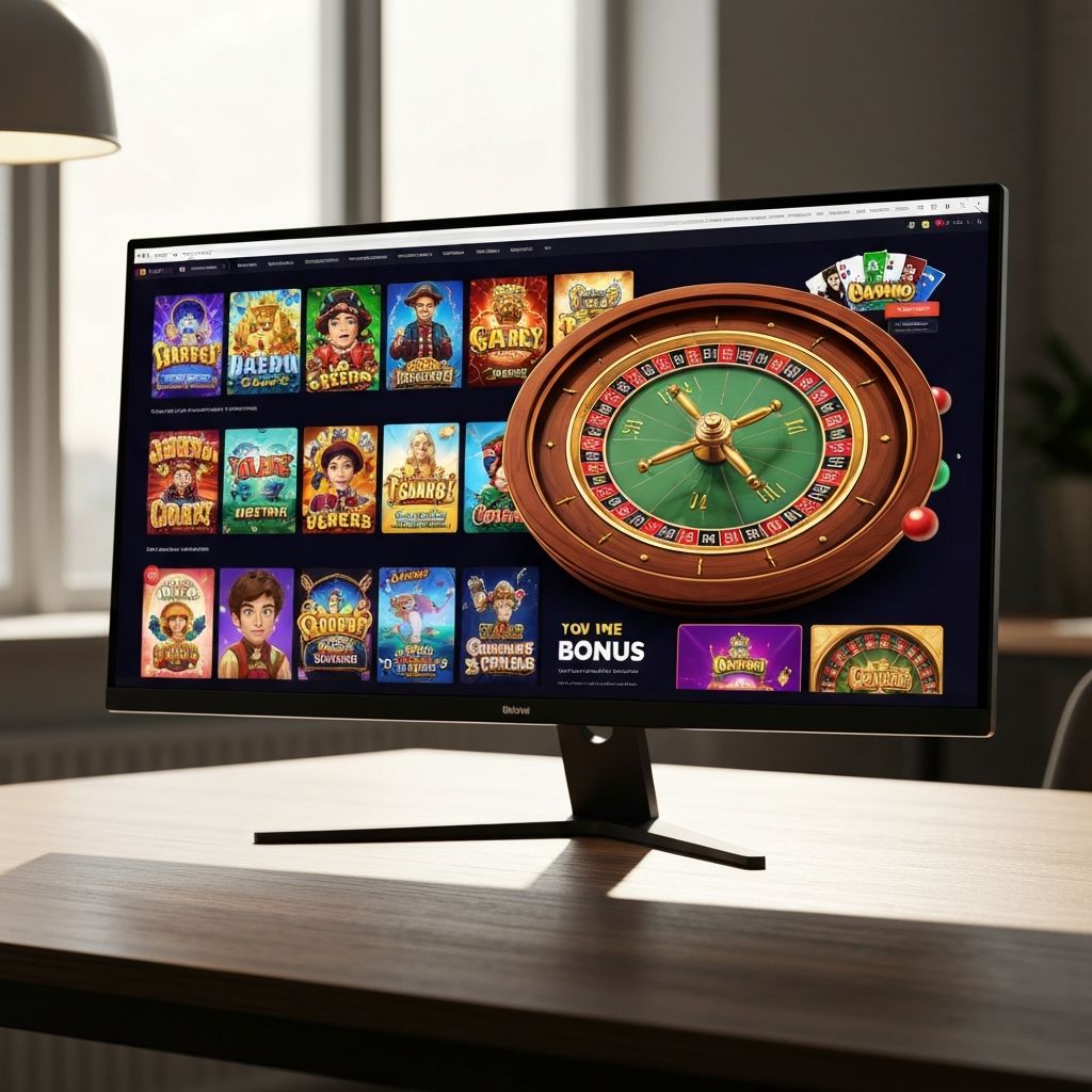 Monitor curvo moderno sobre escritorio oscuro mostrando interfaz de casino en línea con miniaturas de juegos y ruleta, iluminación ambiente suave de oficina