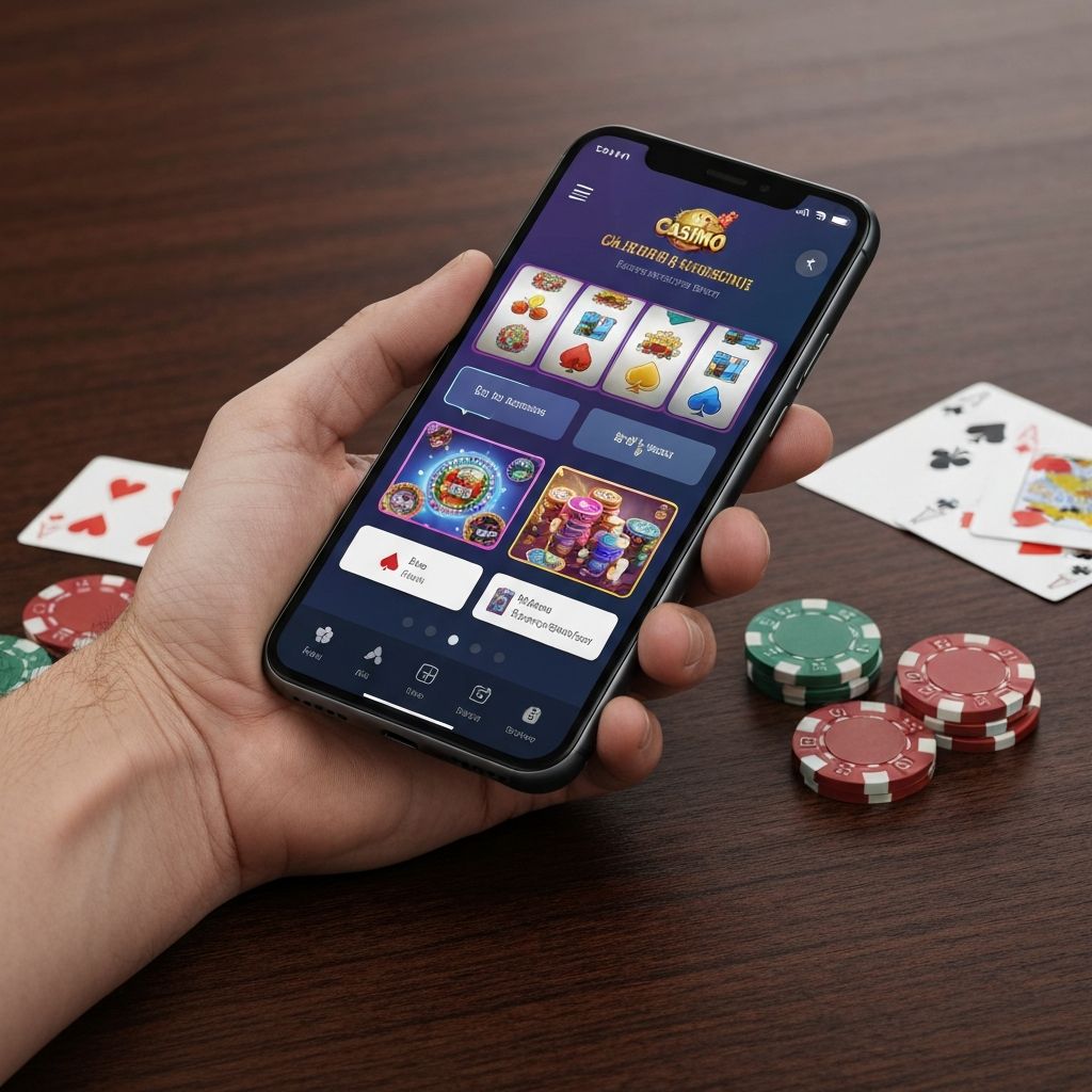Mano sosteniendo smartphone negro mostrando app de casino móvil con tragamonedas coloridas, naipes y fichas de casino sobre mesa de madera oscura