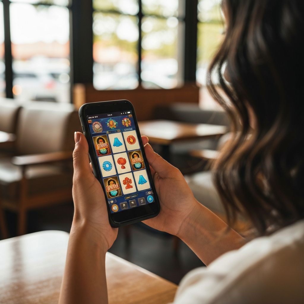 Manos de mujer joven sosteniendo smartphone con juego de casino en vivo y ruleta, sentada en café con fondo cálido desenfocado, fotografía editorial de estilo de vida