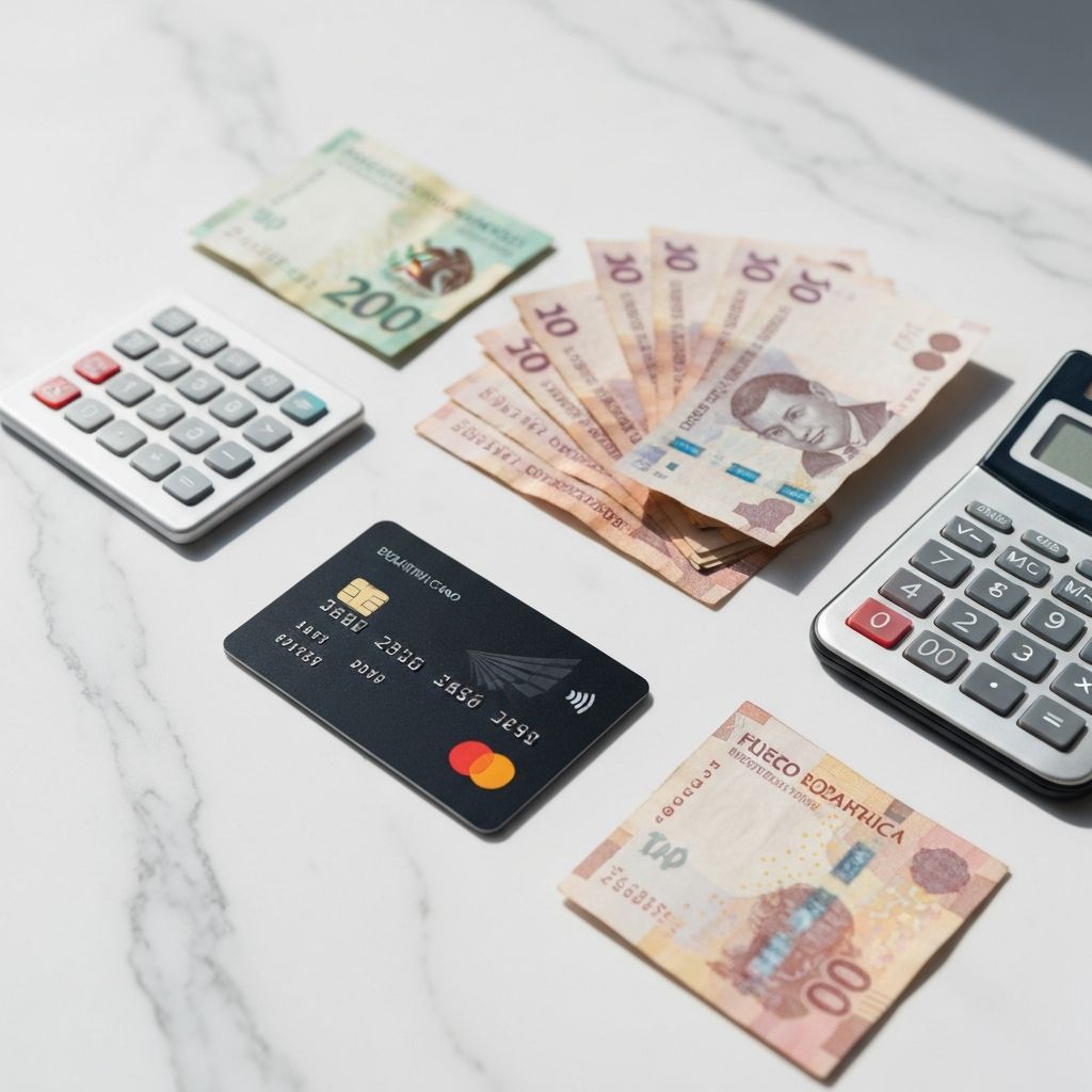 Flat lay de tarjeta de débito oscura, smartphone con app de pagos, billetes de peso mexicano y calculadora sobre superficie de mármol blanco, luz natural lateral, fotografía editorial