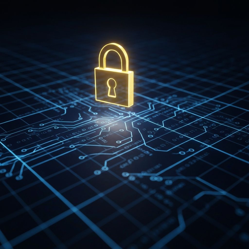 Candado dorado luminoso flotando sobre fondo de placa de circuito digital azul marino con patrones de código binario, concepto de ciberseguridad y protección de datos