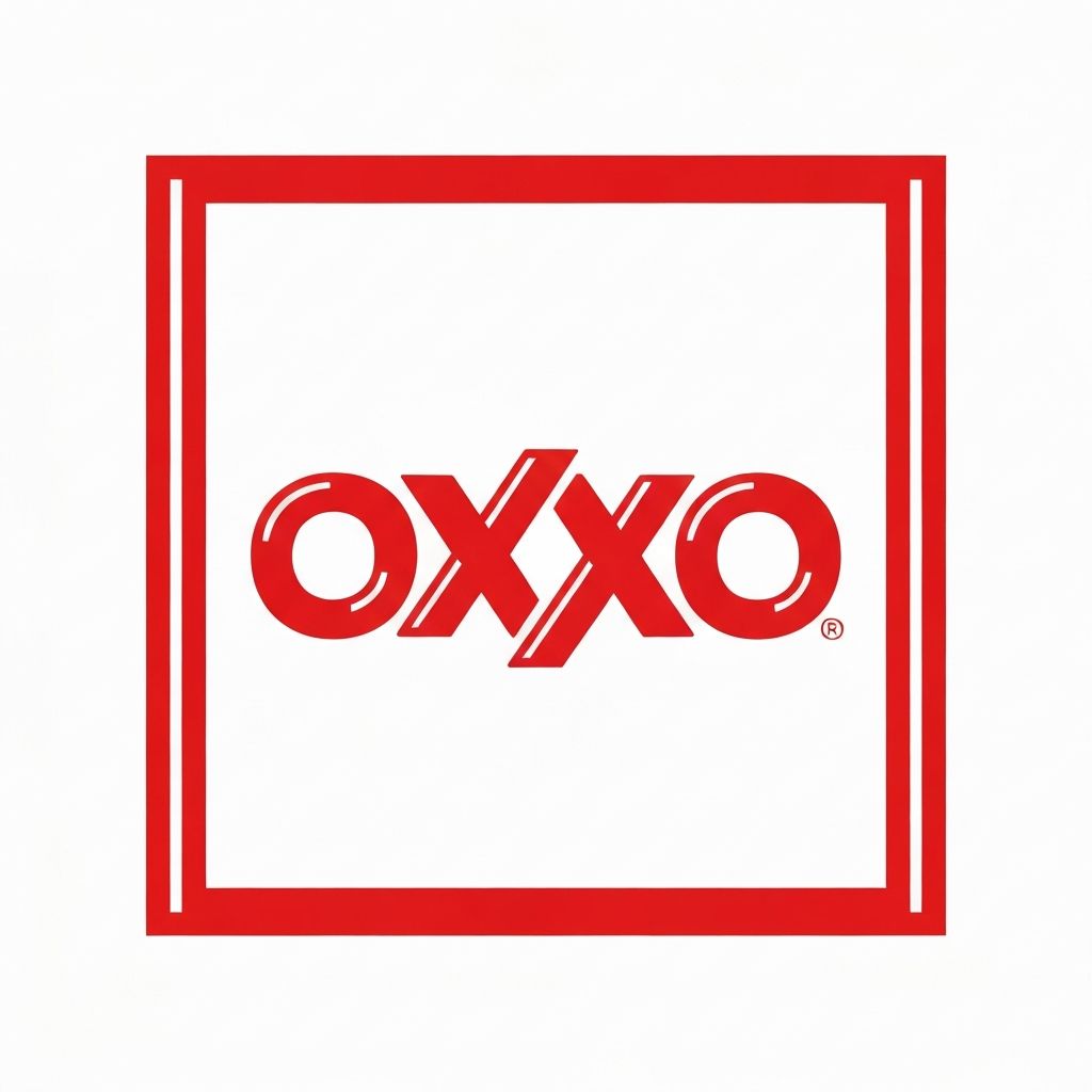 Logo de OXXO con texto rojo en mayúsculas y borde rojo sobre fondo blanco, tienda de conveniencia mexicana para pagos en efectivo en casinos