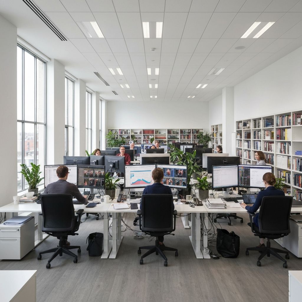Oficina editorial moderna con ventanales grandes, analistas y periodistas trabajando en escritorios con monitores, luz natural diurna y ambiente profesional colaborativo