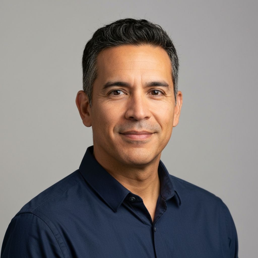 Retrato profesional de Alejandro Fuentes Mora, Director Editorial de Dimelosa, hombre latino de 40 años con camisa azul marino y expresión amigable sobre fondo gris claro