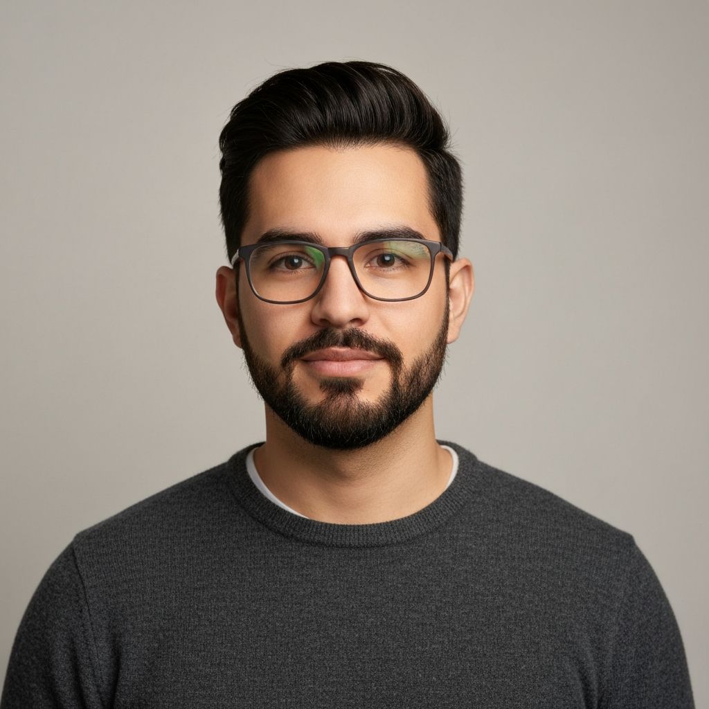 Retrato profesional de Ricardo Salinas Prado, Especialista en Regulación de Dimelosa, hombre latino joven con gafas de marco oscuro y suéter gris sobre fondo claro